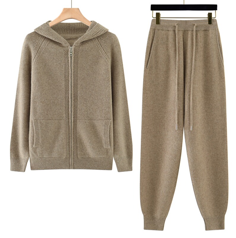 Autumn and Winter Thickeneded 100% Wool Sweater Women's Suit Hooded Sweater Casual Sports Cashmere Knitted Two-Piece Set of Small Pants