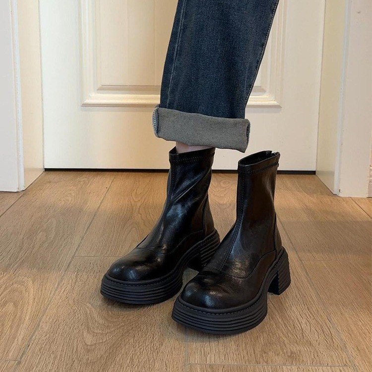 Hong Kong Style Version ~ High-Heeled Slim Boots for Women 2025 Autumn and Winter New Thick-Soled Boots Thick-Heeled Chelsea Short Boots