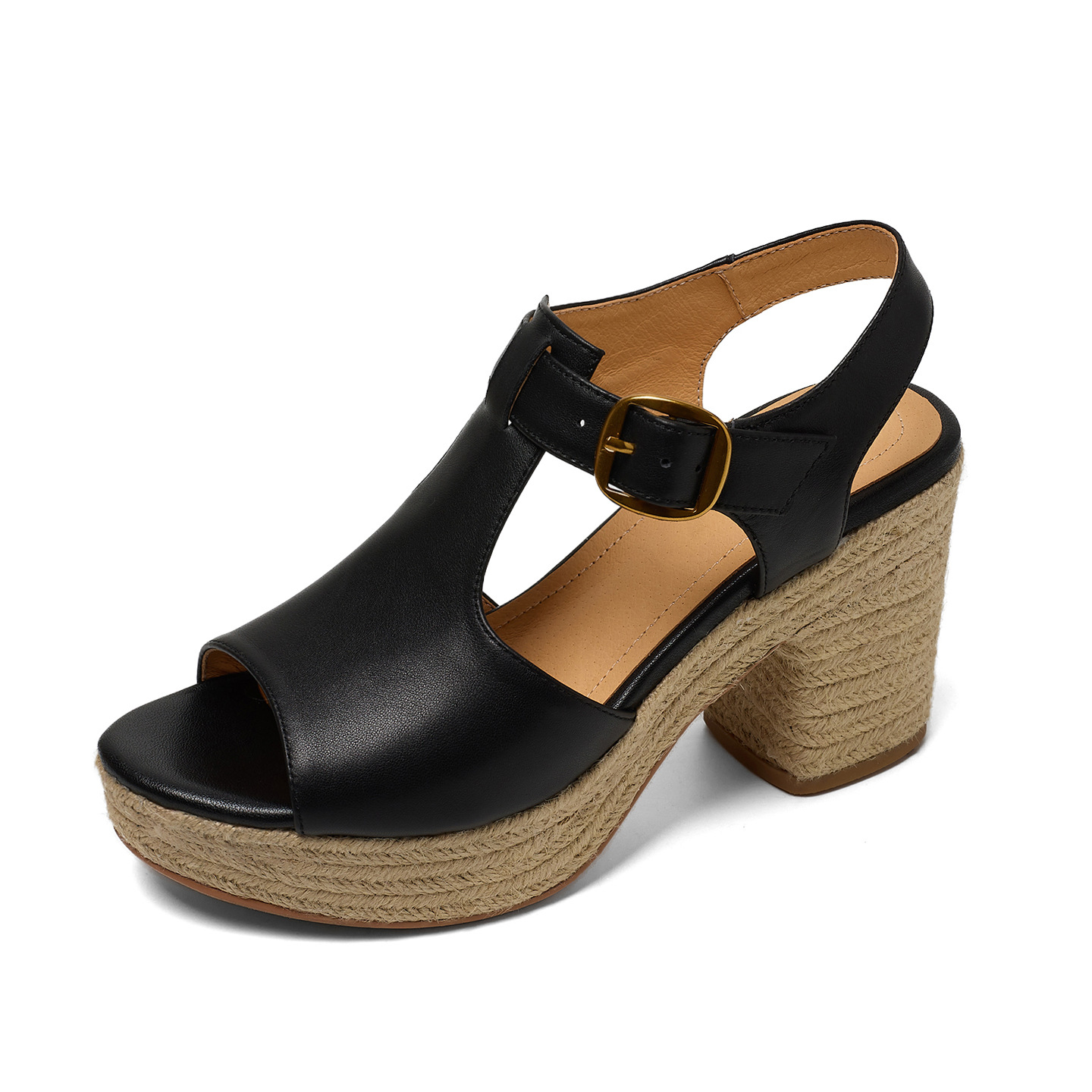 Sandal cao gót nữ hở mũi đế dày 8.5 cm quai chữ T phối đế cói vintage — đen chi tiết 17