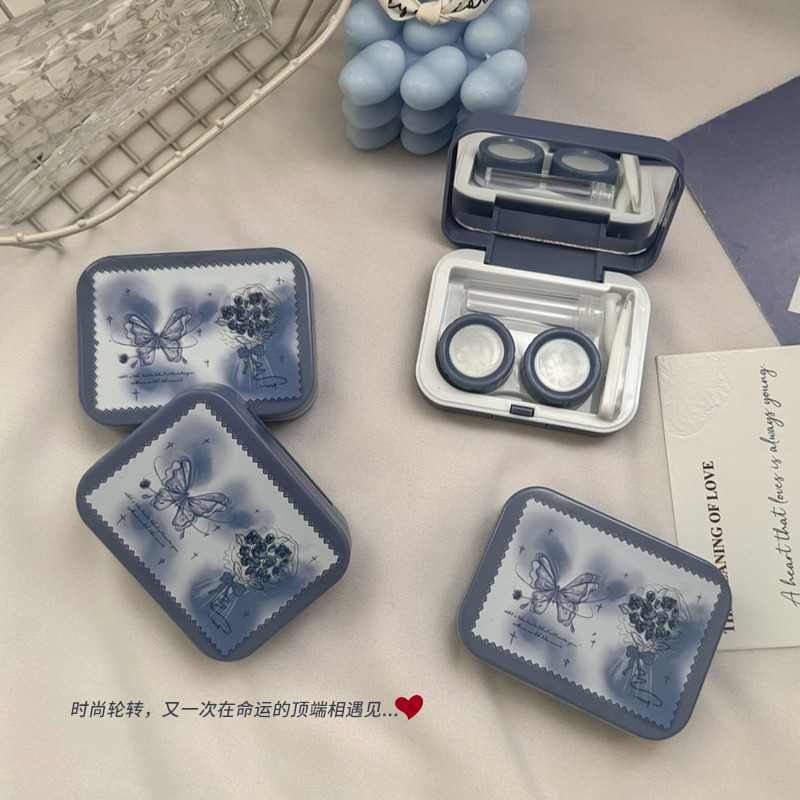 隐形眼镜盒美瞳盒子收纳盒紫色蝴蝶便携护理盒双联盒伴侣盒高级感