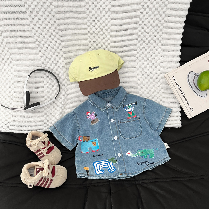 Camisas creativas coreanas de dibujos animados para niños graffiti vaqueros para bebés de verano sueltas camisas de moda de manga corta para bebés