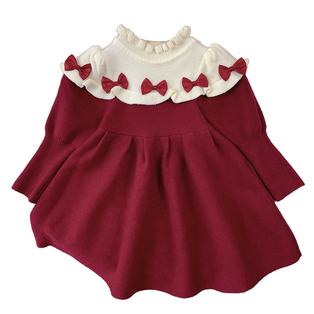 Red cute knitted demi-season woolen dress with bow, children's clothing, wholesale
