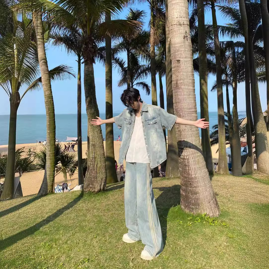 Korean-style Niche Vintage Shoulder Pad Denim Short-sleeved Shirt suit Spring and Summer Bar Design Wash Jeans Couple