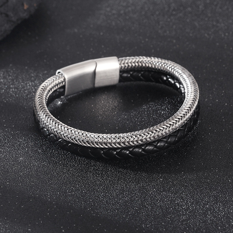 1 Piece Quantity Simple Style Geometric Stainless Steel Leather Rope Plating Men's Bangle Men Cord & Leather Bracelets