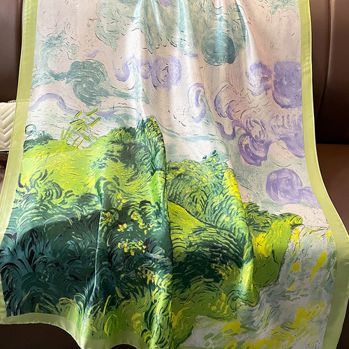 Green Oil Painting Summer Sunscreen Beach Scarf Women's Silk Scarf Extra Large Vacation  Korean Style New Scarf Shawl Fashionable