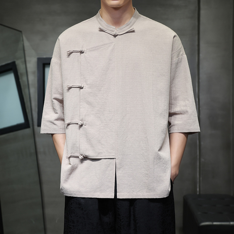 Men's linen short-sleeved shirt, summer stand-up collar, Zhongshan shirt, trendy brand, Chinese style, loose fit, drape, cotton and linen, Chinese knot button Tang suit
