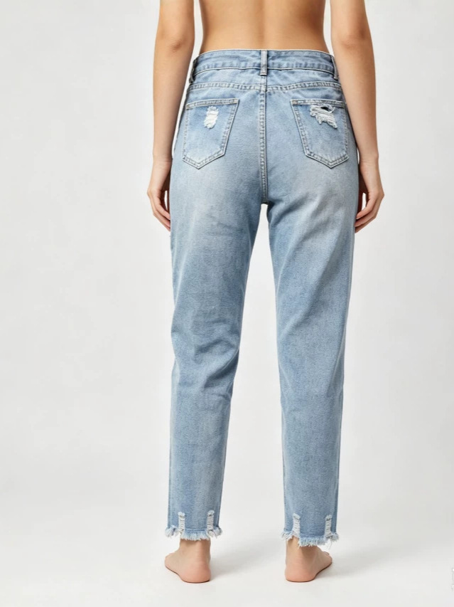 Jeans Rectos de Mezclilla para Mujer con Rotos y Borde Deshilachado Sin Elasticidad
