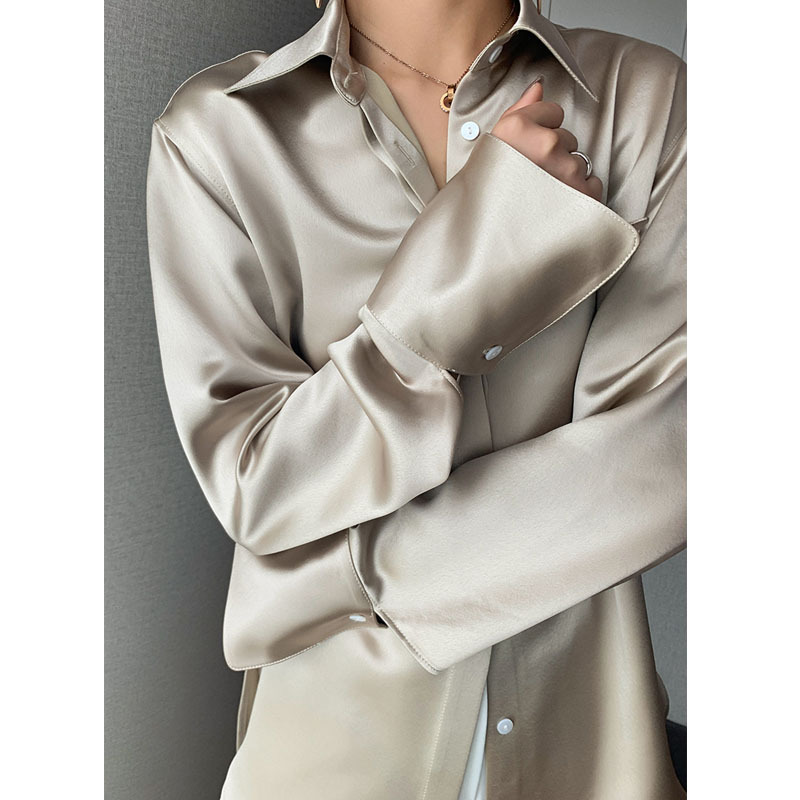 KAEEELY/dark night gloss! Japan Imported Triacetate Satin Shirt Long Sleeve Heavy Double-sided Satin Top