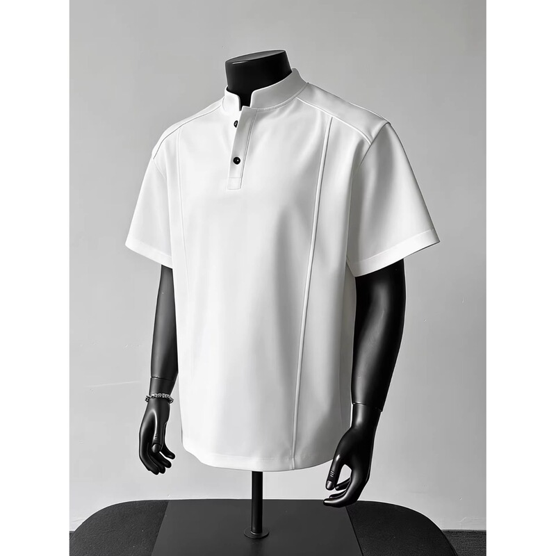 Cross-Border Trade Gray Polo Deconstructed Henley Collar Heavyweight Short-Sleeve Men's Summer American Retro Regular Shoulder T-Shirt Cross-Border Trade Gray Polo Deconstructed Henley Collar Heavyweight Short-Sleeve Men's Summer American Retro Regular Shoulder T-Shirt