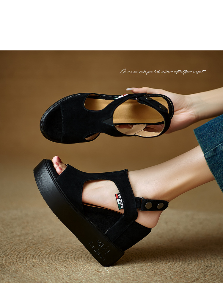 Sandal cao gót nữ hở mũi đế xuồng tăng chiều cao, phong cách La Mã, gót 9 cm — màu đen, xanh lá cây chi tiết 7