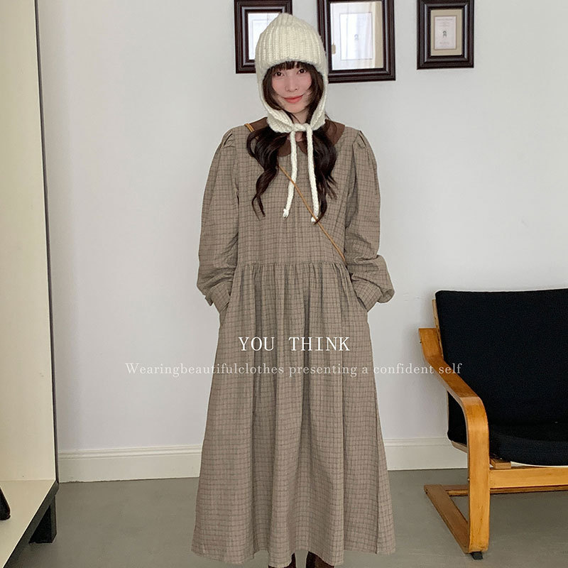 you think十三行冬季新款拼色复古韩系宽松格子长款连衣裙女1633