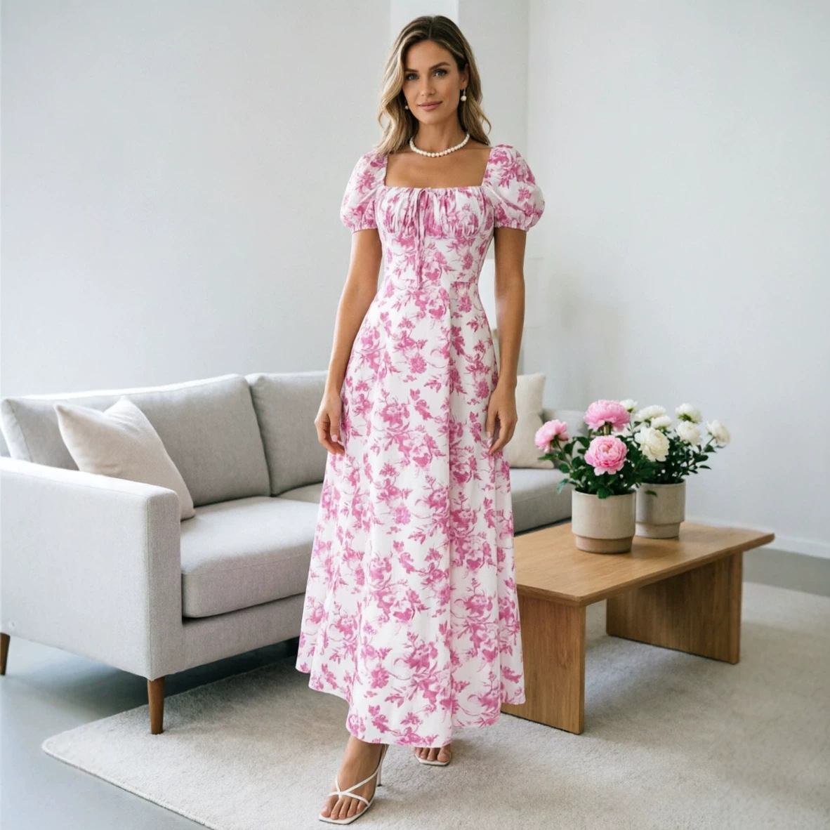 Women's Floral Print Short Sleeve Bodycon Flared Maxi Dress – Slim Fit Casual Summer Gown_ecoleips.com