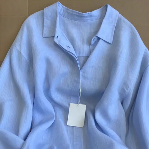 French-style artistic linen blue women's early spring and summer retro loose-fitting slimming casual long-sleeved sun-protective cotton linen top