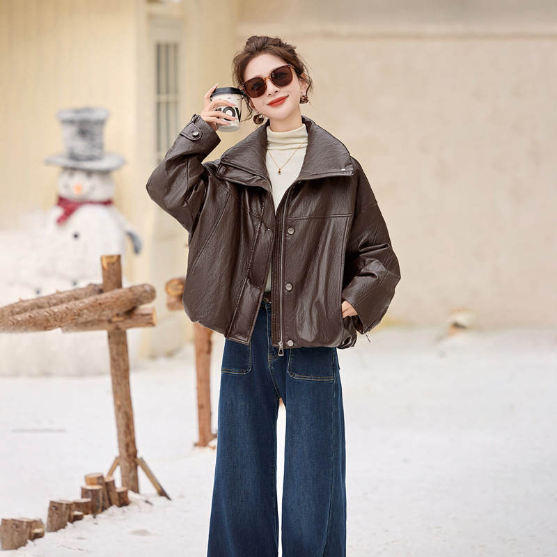 Women's down Jacket 2025 Winter New Women's Pu Leather Inner White Duck down Slim Fashion Jacket He99865