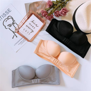 Strapless non-slip underwear women's sexy bra front buckle wireless small chest thickened adjustable top support push up bra