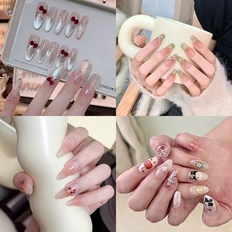 Semi-handmade hand-worn armour velvet white bow gentle cute manicure cat eye kitty manicure 10 pieces