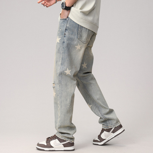 Spring and summer new jeans men's straight-leg yellow mud-dyed washed holes ins trendy American high street pants