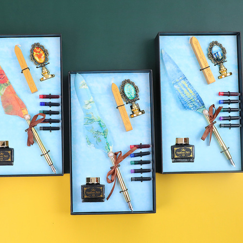 Van Gogh oil painting feather pen set European British retro style quill pen fire paint seal ink practical gift