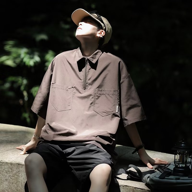 boy Japanese Style Half-Zip Polo Short Men's Summer Heavyweight Workwear Shirt T-Shirt Trendy Brand Retro Half Sleeve Top_voghion.com