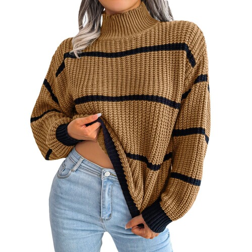 New style sweater semi-high-neck pullover top European and American sweater women's outer wear stripes and contrasting colors, fashionable