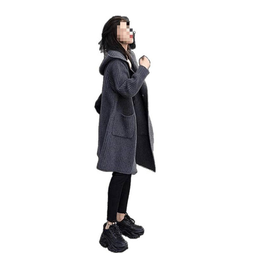 Thin-looking coat, autumn large size, single-breasted cardigan, new medium and long hooded knitted sweater, Korean style