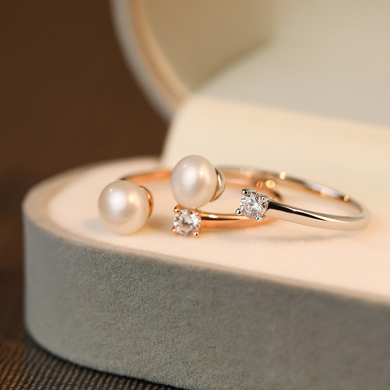 Elegant French Retro Pearl Diamond Ring Adjustable Open Design_voghion.com