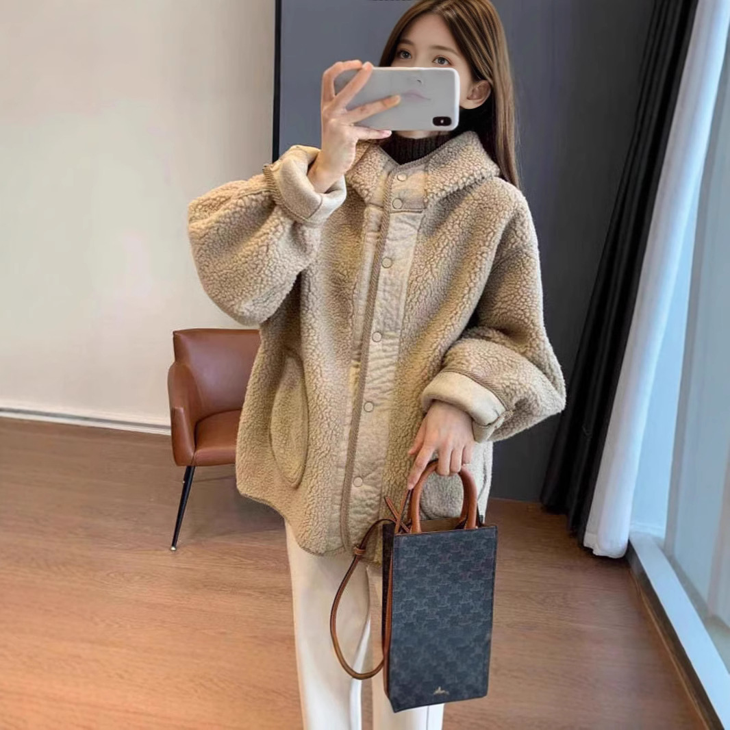 모조 양모 후드 코트 여자 가을 겨울 코트 버튼 새로운 한국 스타일 느슨한 슬리밍 작은 남자를위한 올매치 탑