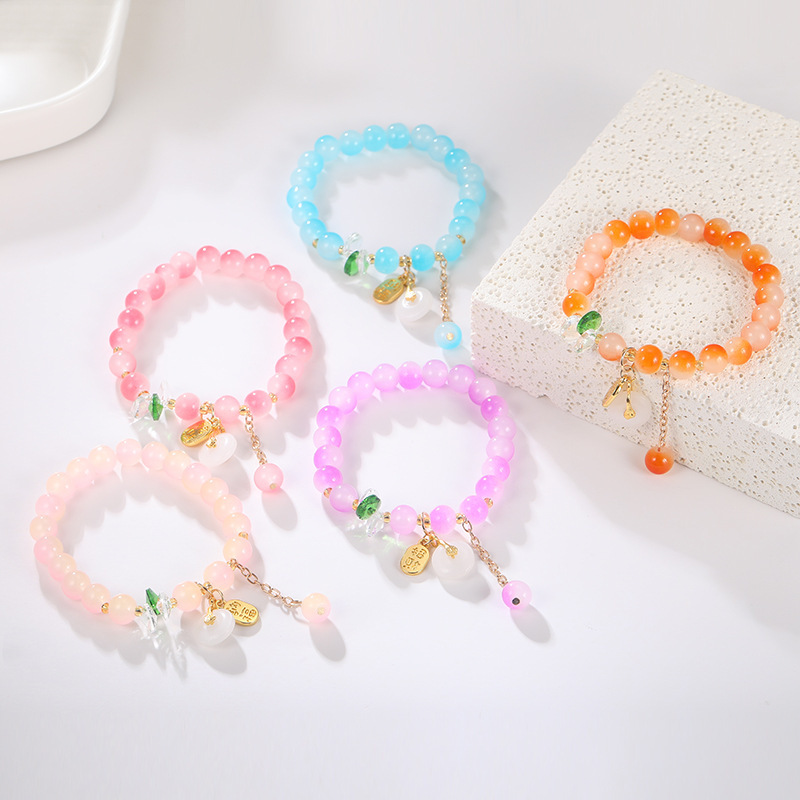 Two-color Gradient Crystal Bracelet Lucky Imitation Jade Agate with Cartoon Pendant Student Party Send Girlfriend Bracelet