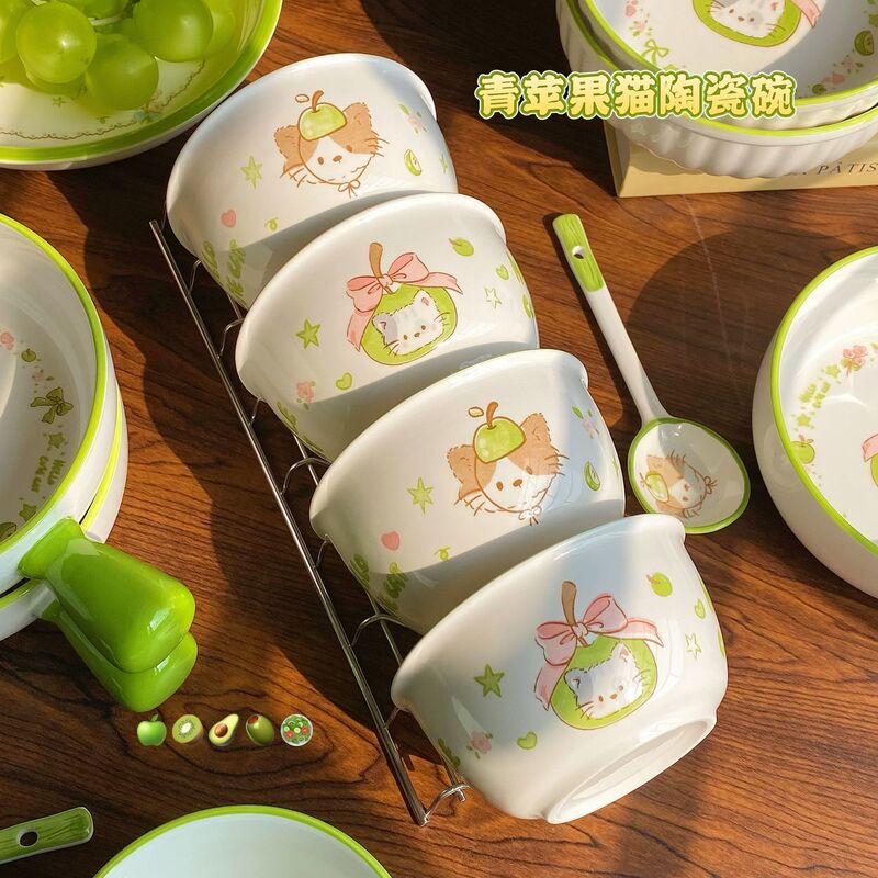 Green Apple Cat-Themed Household Ceramic Bowl, Eating Bowl, Tableware Bowl and Spoon Set, Cute and Aesthetically Pleasing, with Spoon Included Green Apple Cat-Themed Household Ceramic Bowl, Eating Bowl, Tableware Bowl and Spoon Set, Cute and Aesthetically Pleasing, with Spoon Included
