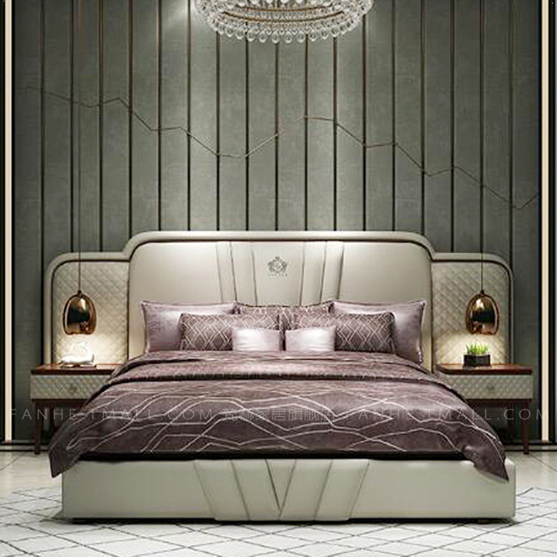 Double bed, light luxury internet celebrity bed, grand Hong Kong-style master bedroom king-size bed, 2026 new model genuine leather double bed Double bed, light luxury internet celebrity bed, grand Hong Kong-style master bedroom king-size bed, 2026 new model genuine leather double bed