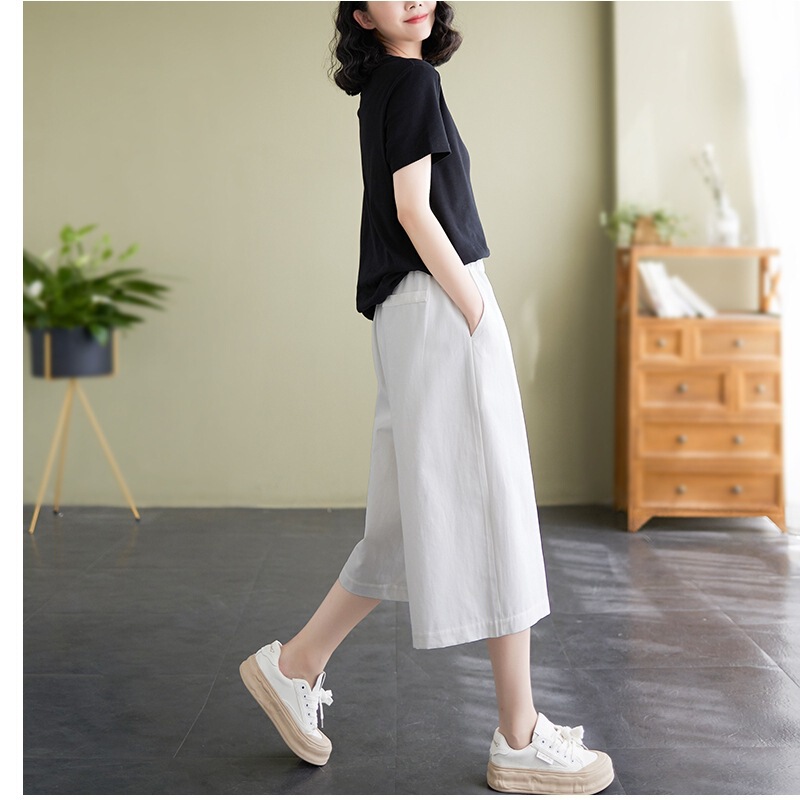 2026 Summer New Style Cotton Solid Color Elastic Waist Loose Versatile Fashion Slimming Casual Cropped Wide-Leg Pants for Women 2026 Summer New Style Cotton Solid Color Elastic Waist Loose Versatile Fashion Slimming Casual Cropped Wide-Leg Pants for Women