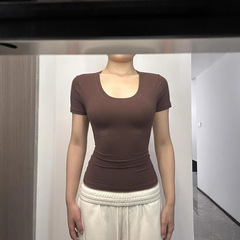 現物スキムズアメリカギャルU襟ウエスト運動正肩半袖tシャツ質感修身露骨底シャツ