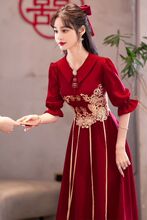 敬酒服新娘女酒红色结婚订婚礼服连衣裙平时可穿回门便装翻领春夏