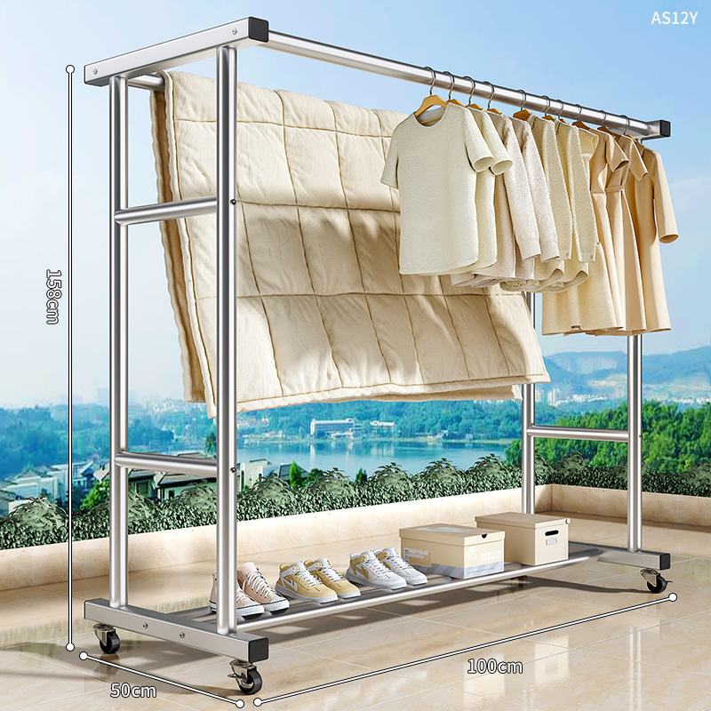 [굵은 아연 도금] 100CM 이중 극 - 단일 레이어 보관 랙 + 범용 휠