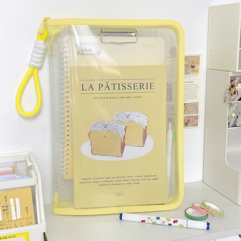 Macaron transparente A4 bolsa de archivo de gran capacidad para libros de texto tipo cremallera bolsa de almacenamiento impermeable engrosada portátil para estudiantes
