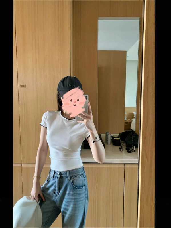 新しいデザインのニッチなTシャツトップス半袖右肩スリムコントラストカラー刺繍レディース夏多用途ファッションイン|undefined
