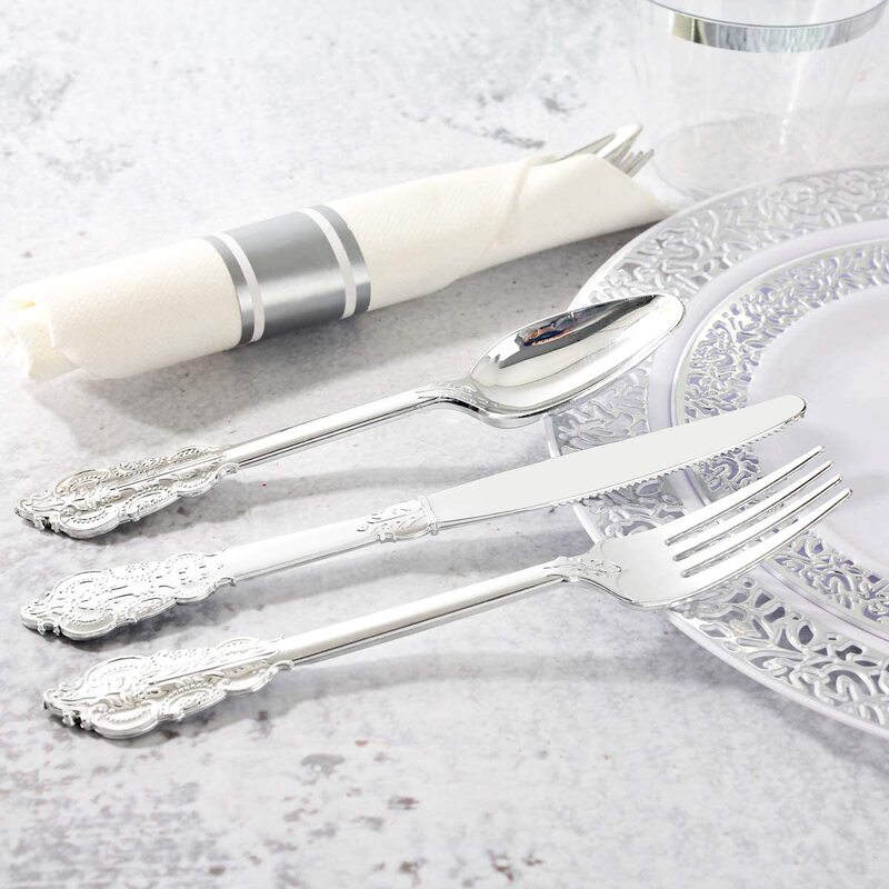 Disposable plastic rose gold vintage knife, fork and spoon napkin suit dining silver tableware three pieces Amazon