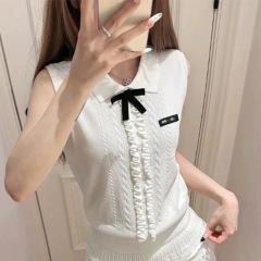 学院风木耳边蝴蝶结针织背心女装甜美气质翻领POLO背心上衣工厂