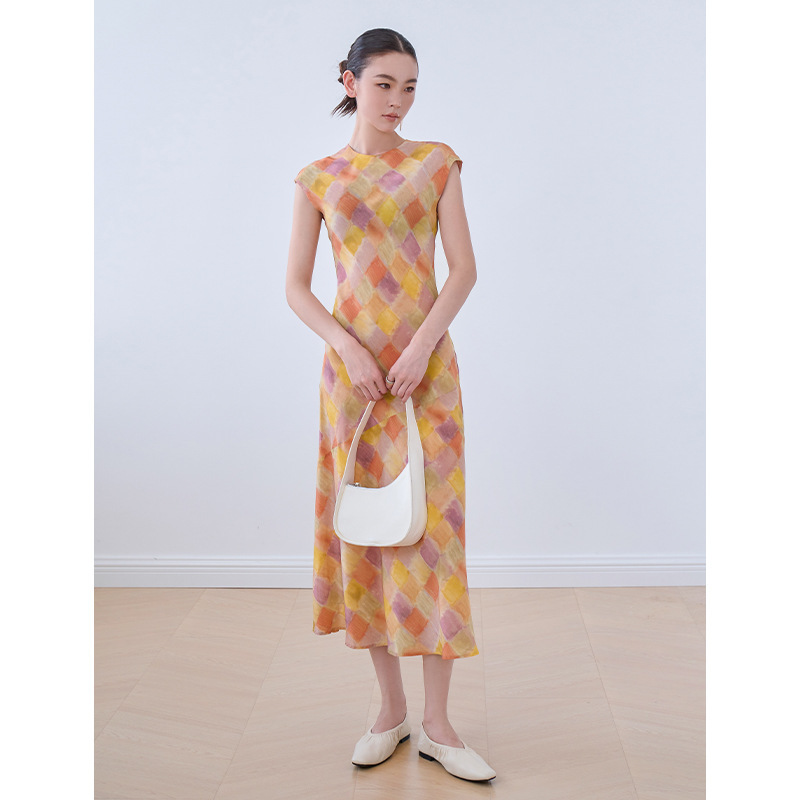 Rongtai Contrast Color Western Style Single Layer Heavy Silk dress Women's Summer New Arrival Oblique Cut Slim-fit Mulberry Silk Skirt