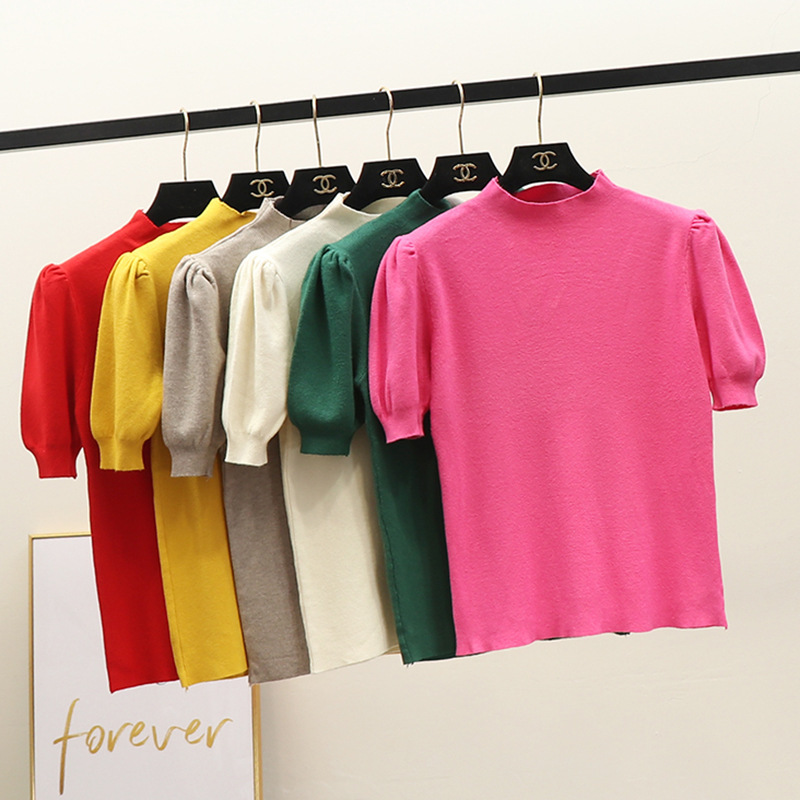 2022 Knitted Short-Sleeve Slim Fit Top with Half Turtleneck Sweater for Women, Autumn and Winter Fashionable Short Style