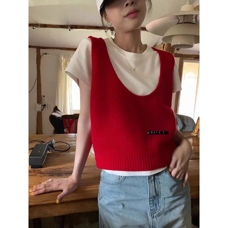 Red U-Neck Outer Vest Knitted Vest for Women Spring & Fall Layered Sleeveless Suspender Sweater Vest Small Top