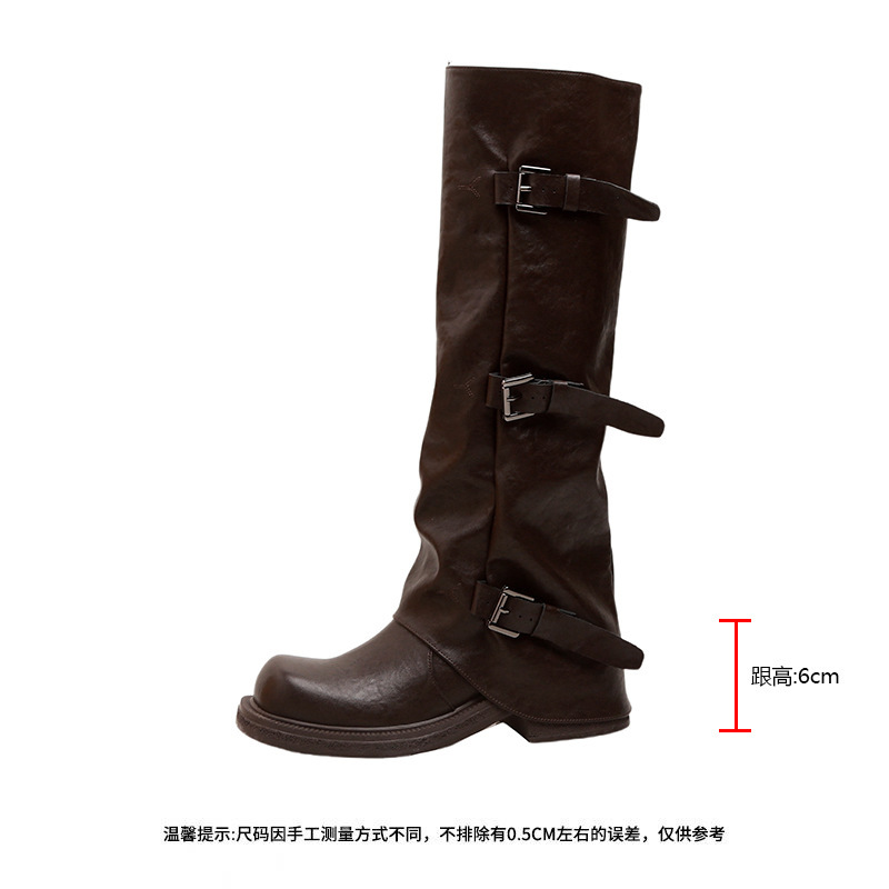 增高8cm~葡萄妈款皮带扣方圆头褶皱中筒骑士西部褶皱堆堆裤管女靴|undefined