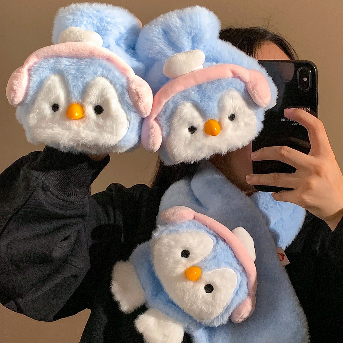 2025 nuevos guantes de pelusa lindos pingüinos chicas invierno versátil estilo coreano guantes de cuello corto de dibujos animados cálidos