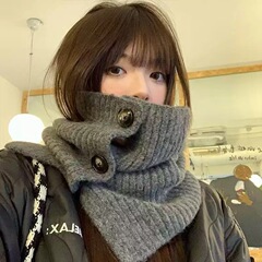 围脖女秋冬季围巾韩版保暖脖套护颈针织披肩外搭潮毛线纽扣假领子
