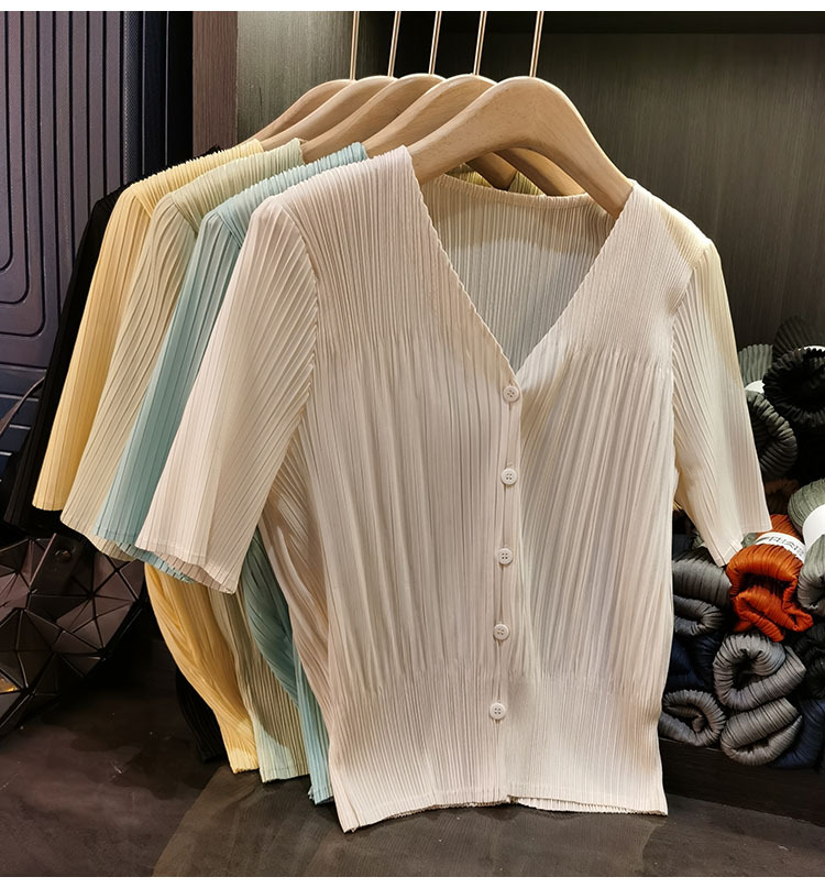 Áo cardigan cổ chữ V tay ngắn nữ phối nút đơn chất liệu mỏng mùa xuân hè — Màu xanh lục nhạt, Màu đen, Màu tím nhạt, Màu hồng chi tiết 5