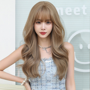 Cross-border new autumn and winter wig women's long curly hair Big Wave Full top full head cover linen light brown artificial chemical fiber head cover