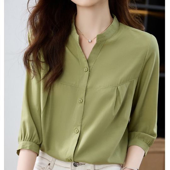 Temperament High Sense Solid Color V-neck Shirt Women's Mother's Day Summer Short-sleeved Shirt Casual Slim Shirt