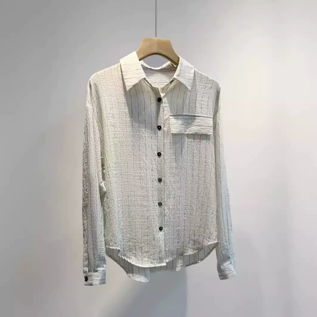 意大利工艺~单穿防晒皆可亚麻条纹衬衫女春夏C43028防晒衬衫