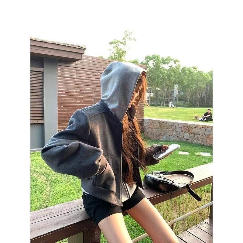 2025 New Spring/Autumn High-End American Retro Gray Short Baseball Collar Jacket, Loose Casual Jacket Top