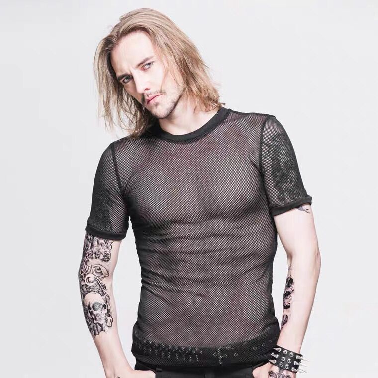 Fishnet Style Perspective Net Hole Mesh Top Hollow T-shirt Sexy Sexy Sexy Sexy Inner Wear Short Sleeve Base Shirt for Men